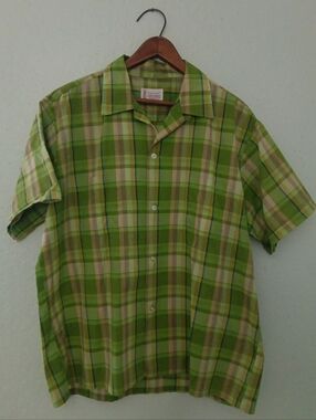 Vintage Green Plaid Short-Sleeve Button-Up Shirt Rockabilly